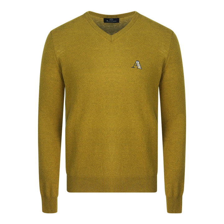 Aquascutum Check A Logo Dark Yellow V-Neck Jumper - Nova Clothing