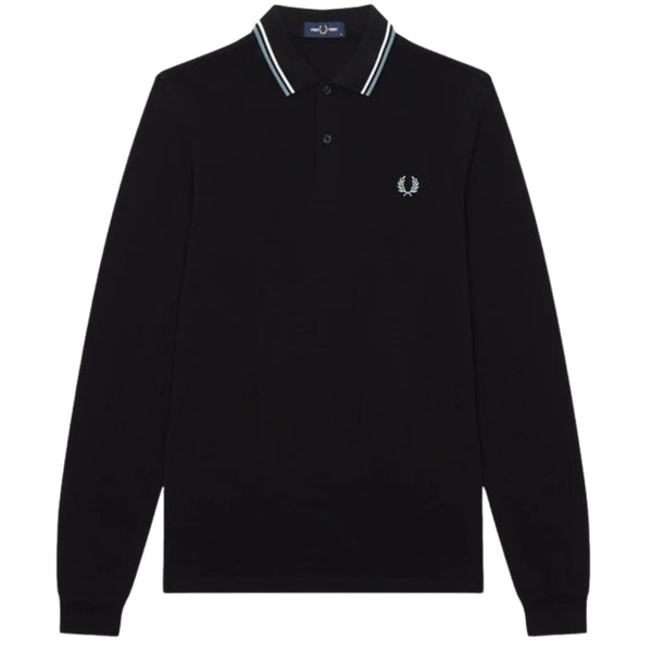 Fred Perry Sky Blue Twin Tipped Collar Black Long Sleeve Polo Shirt S