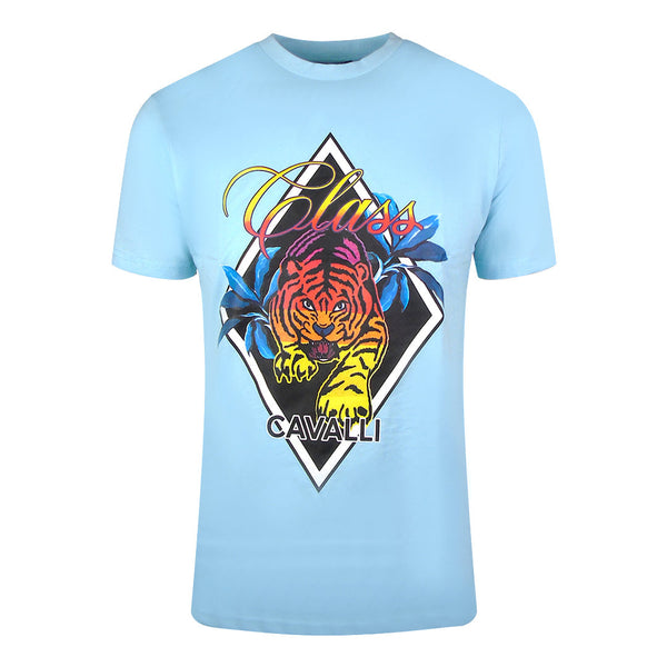 Cavalli Class Diamond Tiger Design Light Blue T Shirt Sxt60H Jd060 05048